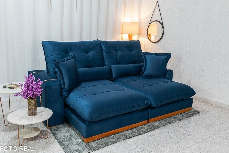 Sofá Retrátil Reclinável Toronto 2.50m Veludo Azul 4061 - Molas Ensacadas