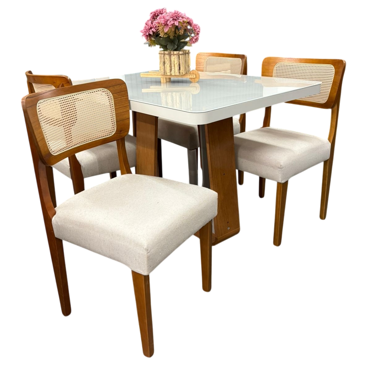 Mesa Sintonia (Tampo Maxi) 120 Amêndoa Clean/Off White com 4 Cadeiras Alasca Linho Bege – LOPAS + HR MOVELARIA - Imagem 5