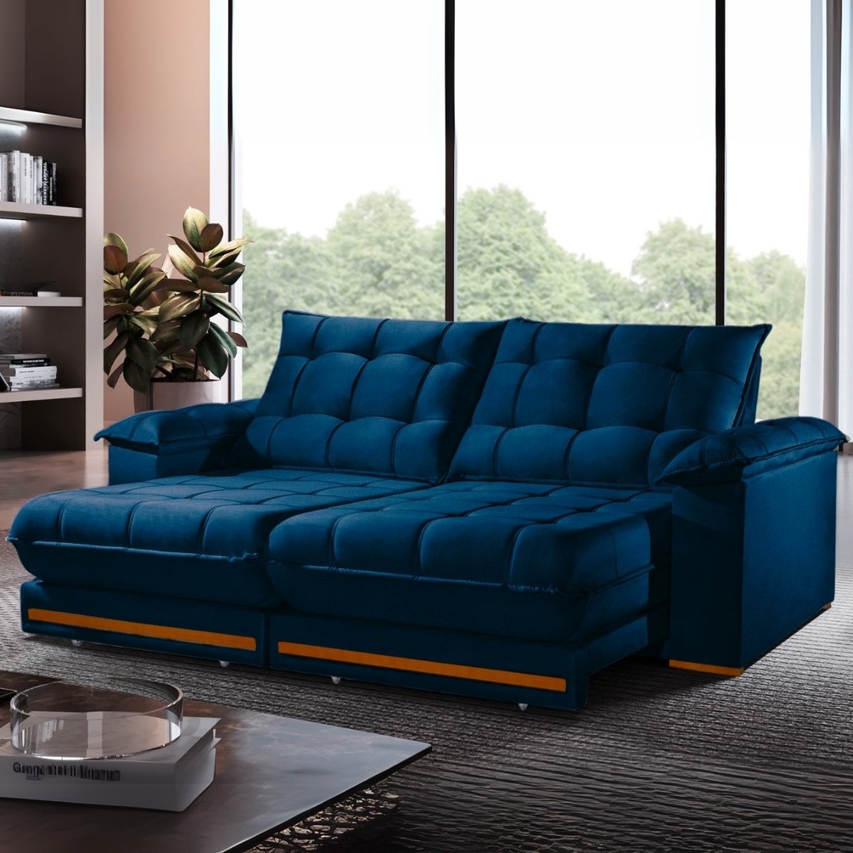 Sofá Retrátil e Reclinável Barcelona 2,50 m Veludo Azul 325 - ESTOFADOS TEIXEIRA - Imagem 2