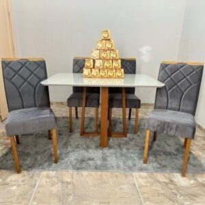 Mesa Pedro 90 Mel/Off White com 4 Cadeiras Stella Veludo Grafite – ART ASSENTOS + CLEFATOS DECOR