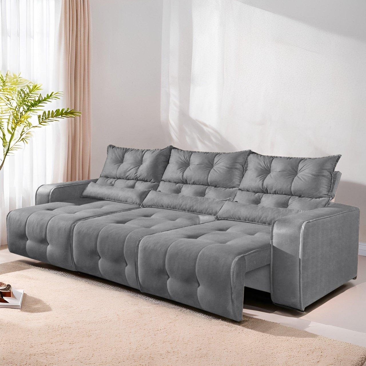 Sofá Retrátil e Reclinável Premier/Minas 2,50 m Veludo Cinza 508 - DECORAR ESTOFADOS