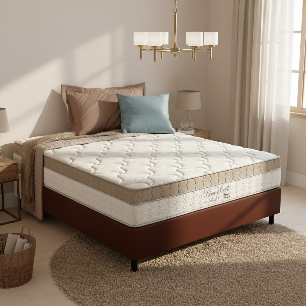 Colchão Casal King Best D28 + Base Box Simples Corino Marrom – ANJOS COLCHÕES + ALTO NÍVEL CAMAS E COLCHÕES