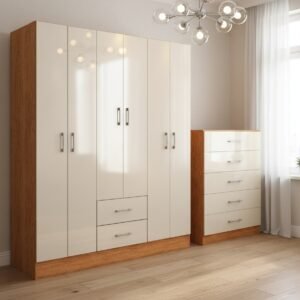 Guarda-Roupa 6 Portas Jamaica 6002 + Cômoda 5 Gavetas Aruba Cinamomo/Off White – FELLICCI