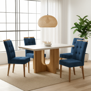 Mesa Dora 120 (Tampo 40 mm) Cinamomo/Off White com 4 Cadeiras Sophia Veludo Azul – VALDEMÓVEIS + WM DECOR