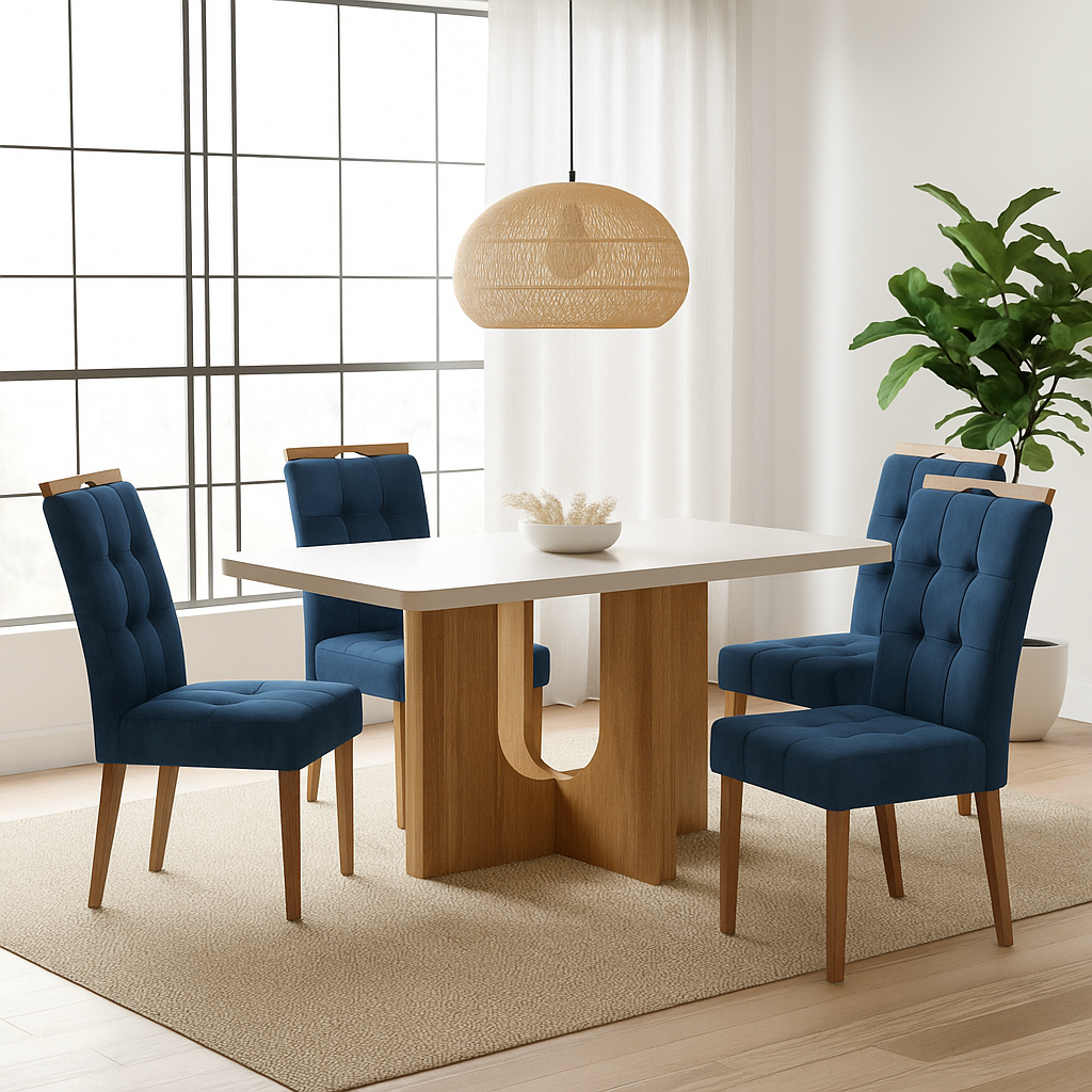 Mesa Dora 120 (Tampo 40 mm) Cinamomo/Off White com 4 Cadeiras Sophia Veludo Azul – VALDEMÓVEIS + WM DECOR