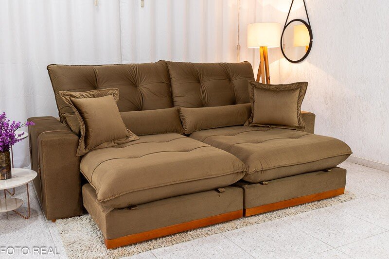 Sofá Retrátil Reclinável Toronto 2.50m Veludo Bege 4056 - Molas Ensacadas