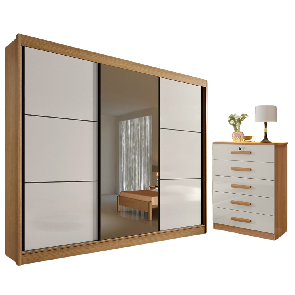 Guarda-Roupa 3 Portas Los Angeles + Cômoda Ipanema Cinamono/Off White – D’DORO MÓVEIS - Imagem 2