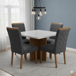 Mesa Salinas/Helô/Los Angeles 90 Cinamomo/Off White com 4 Cadeiras Safira Veludo Cinza Grafite – CEL MÓVEIS + WM DECOR
