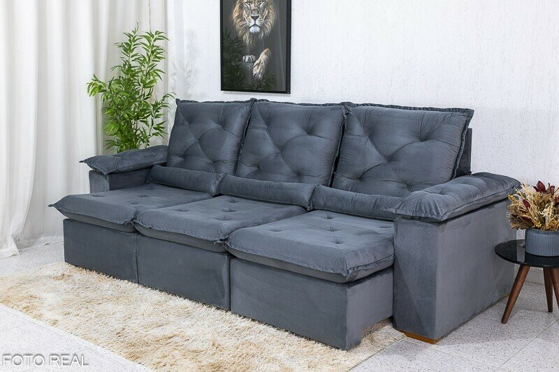Sofá Retrátil Reclinável Roma 2.70m Veludo Cinza 20 - D28 Soft