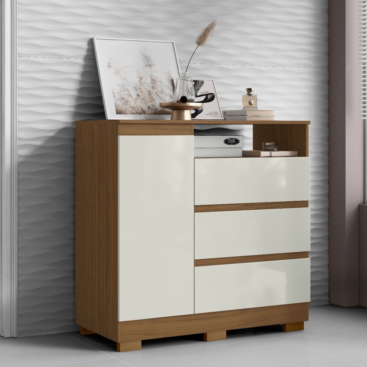 Cômoda 3 Gavetas com Sapateira e Nicho Atacama/Off White - ARAMÓVEIS