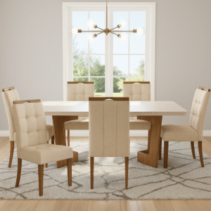 Mesa Liz 160 (Tampo 40 mm) Cinamomo/Off White com 6 Cadeiras Sophia Linho Bege 200 – VALDEMÓVEIS + WM DECOR