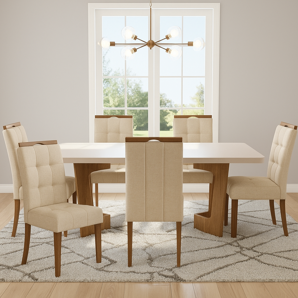 Mesa Liz 160 (Tampo 40 mm) Cinamomo/Off White com 6 Cadeiras Sophia Linho Bege 200 – VALDEMÓVEIS + WM DECOR
