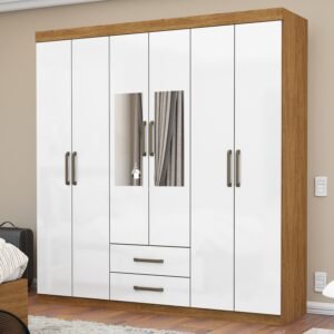 Guarda-Roupa 6 Portas(Com Espelho/Sem Pés)Áries Cinamono/Branco – CARIOCA MÓVEIS