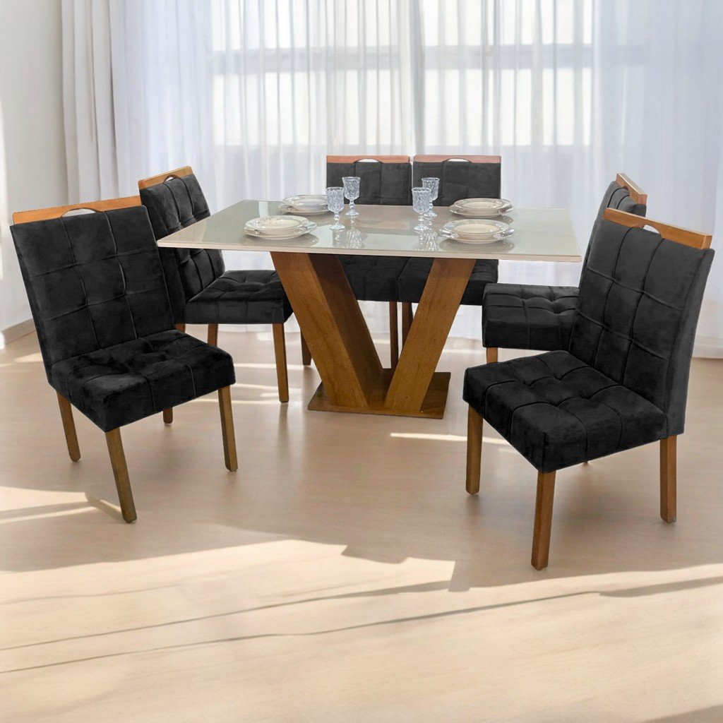 Mesa Classic 160 Cinamomo/Off White com 6 Cadeiras Sophia Mel/Veludo Preto – CEL MÓVEIS + WM DECOR