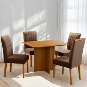 Mesa Pérola 120 Imbuia Mel (Tampo Viena s/vidro) + 4 Cadeiras Pandora 01 Veludo Marrom 134 – CARVALHO DECOR