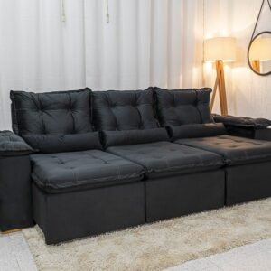 Sofá Retrátil Reclinável Grécia 2.70m Veludo Preto - Sem Caixa