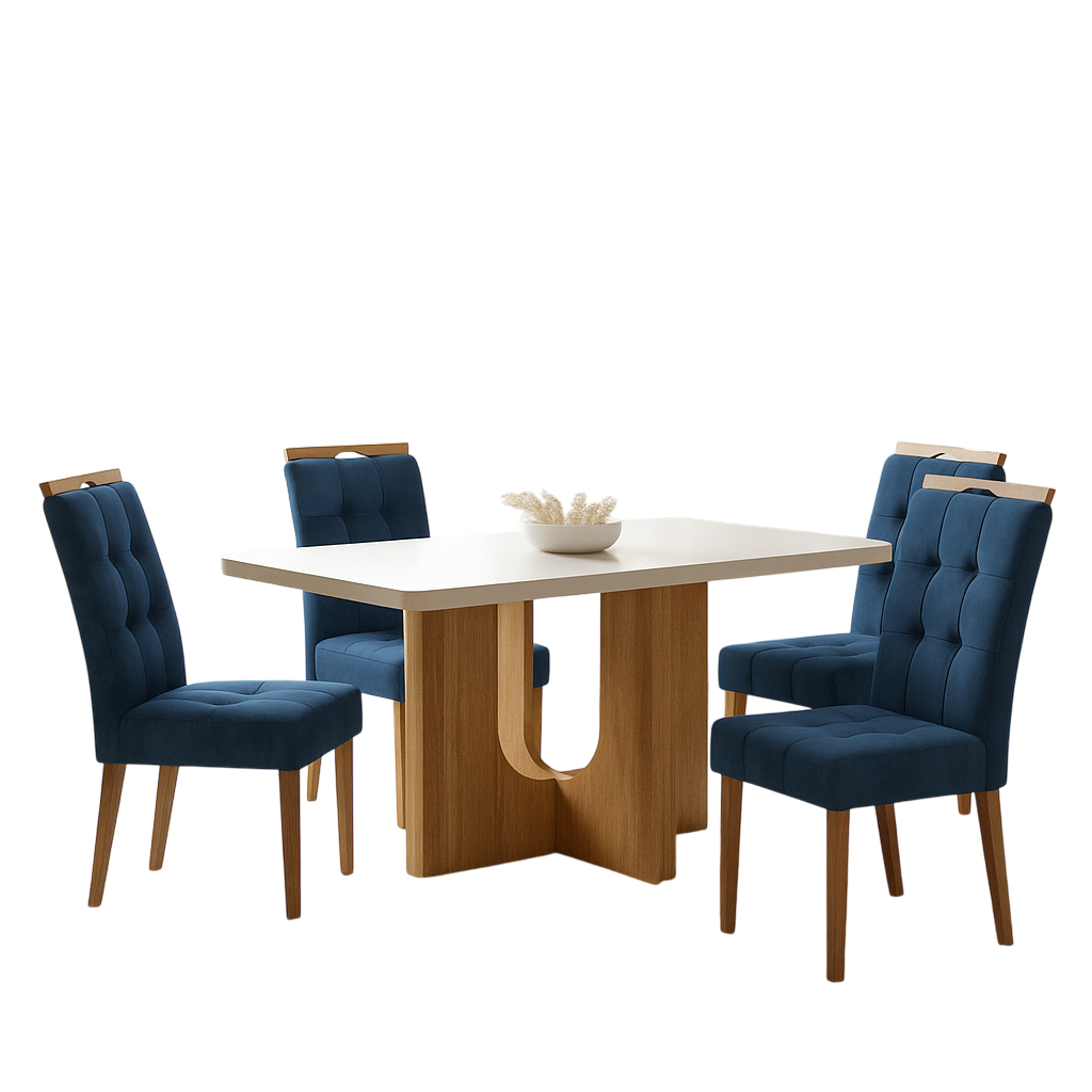 Mesa Dora 120 (Tampo 40 mm) Cinamomo/Off White com 4 Cadeiras Sophia Veludo Azul – VALDEMÓVEIS + WM DECOR - Imagem 3