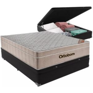 Colchão Casal Airtech Springpocket + Base Box Baú Corino Preto – ORTOBOM + ALTO NÍVEL CAMAS E COLCHÕES