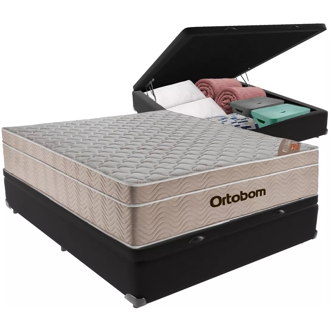 Colchão Casal Airtech Springpocket + Base Box Baú Corino Preto – ORTOBOM + ALTO NÍVEL CAMAS E COLCHÕES