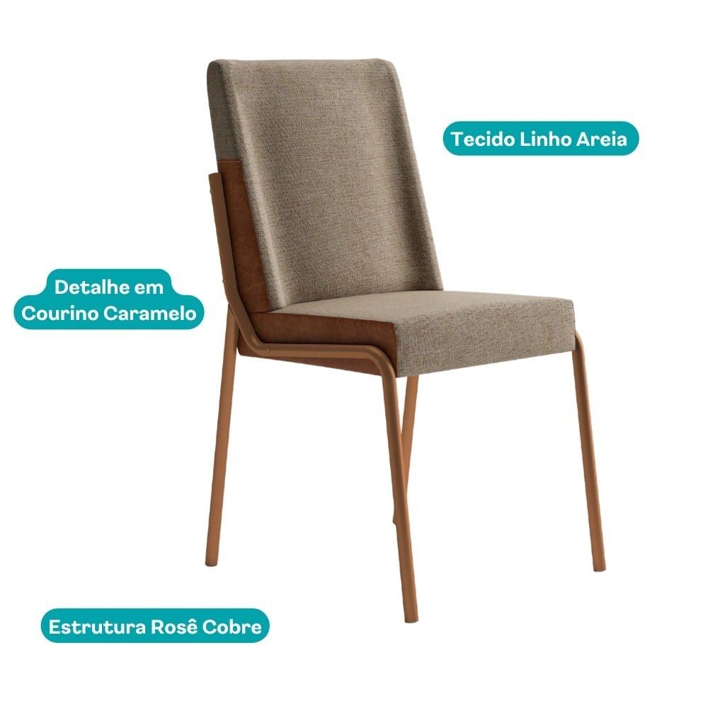 Kit 2 Cadeiras Hug 1749 Rosê Cobre/Linho Areia/Corino Caramelo - CARRARO MÓVEIS - Imagem 2