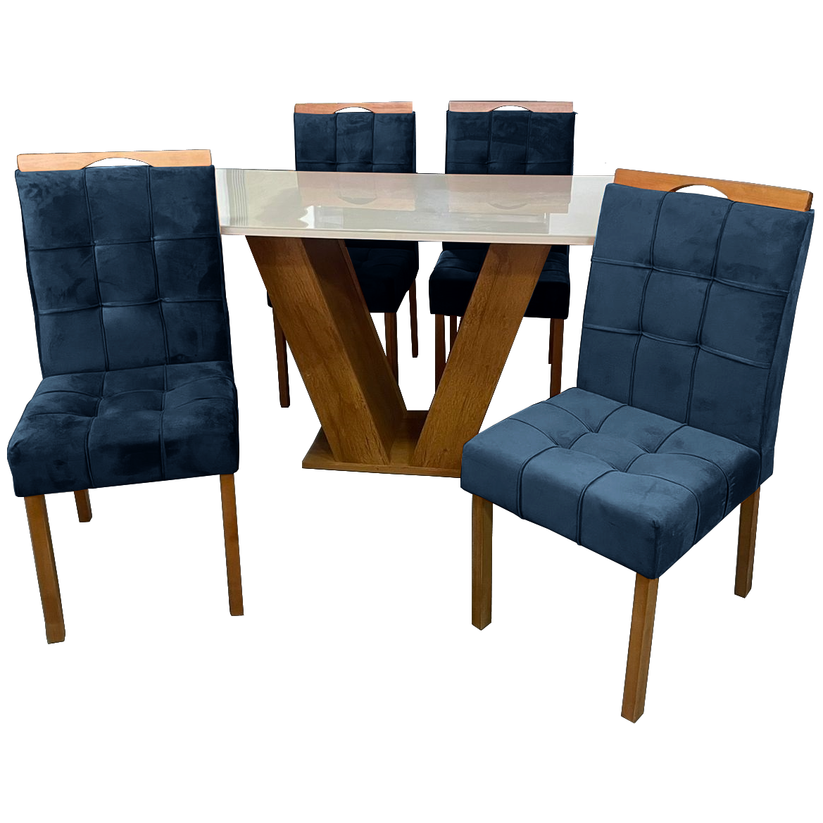 Mesa Classic 120 Cinamomo/Off White com 4 Cadeiras Sophia Mel/Veludo Azul – CEL MÓVEIS + WM DECOR - Imagem 3