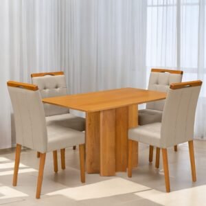 Mesa Recife 120 Cinamono Laminado com 4 Cadeiras Sophia Veludo Bege – CEL MÓVEIS + WM DECOR