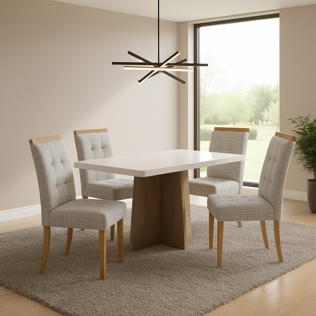 Mesa Jade 120 (Tampo 40 mm) Cinamomo/Off White com 4 Cadeiras Sophia Linho Cinza Prata 206 – VALDEMÓVEIS + WM DECOR