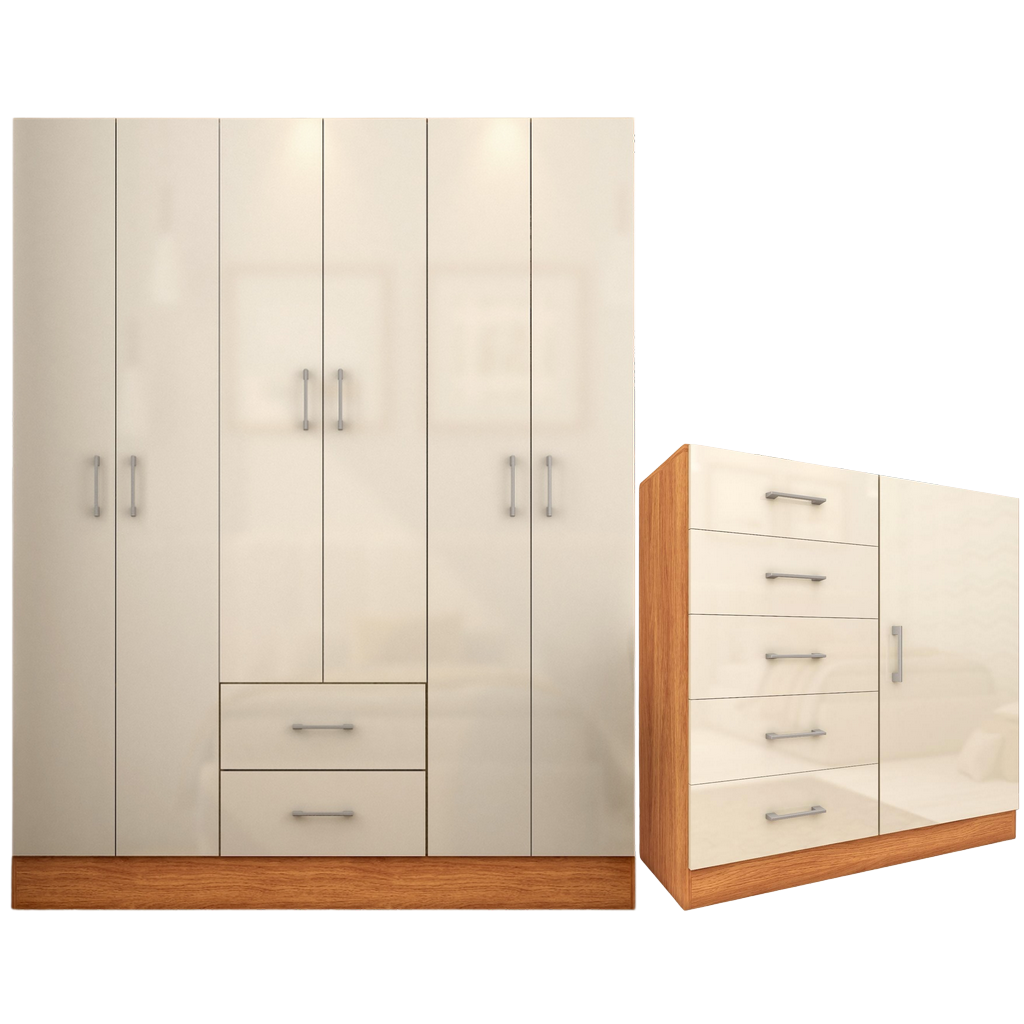 Guarda-Roupa 6 Portas Jamaica 6002 + Cômoda 5 Gavetas Sapateira Miami Cinamomo/Off White – FELLICCI - Imagem 3