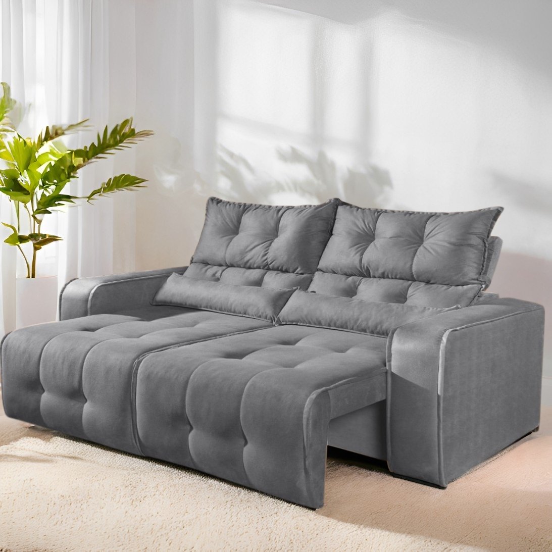 Sofá Retrátil e Reclinável Premier/Minas 2,00 m Veludo Cinza 508 - DECORAR ESTOFADOS