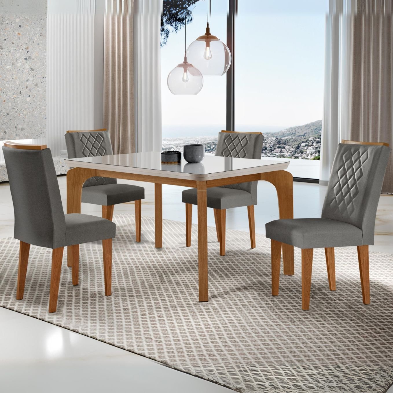 Mesa Londrina 120 Canto Copo Imbuia/Off White com 4 Cadeiras Jade Linho Grafite – RUFATO