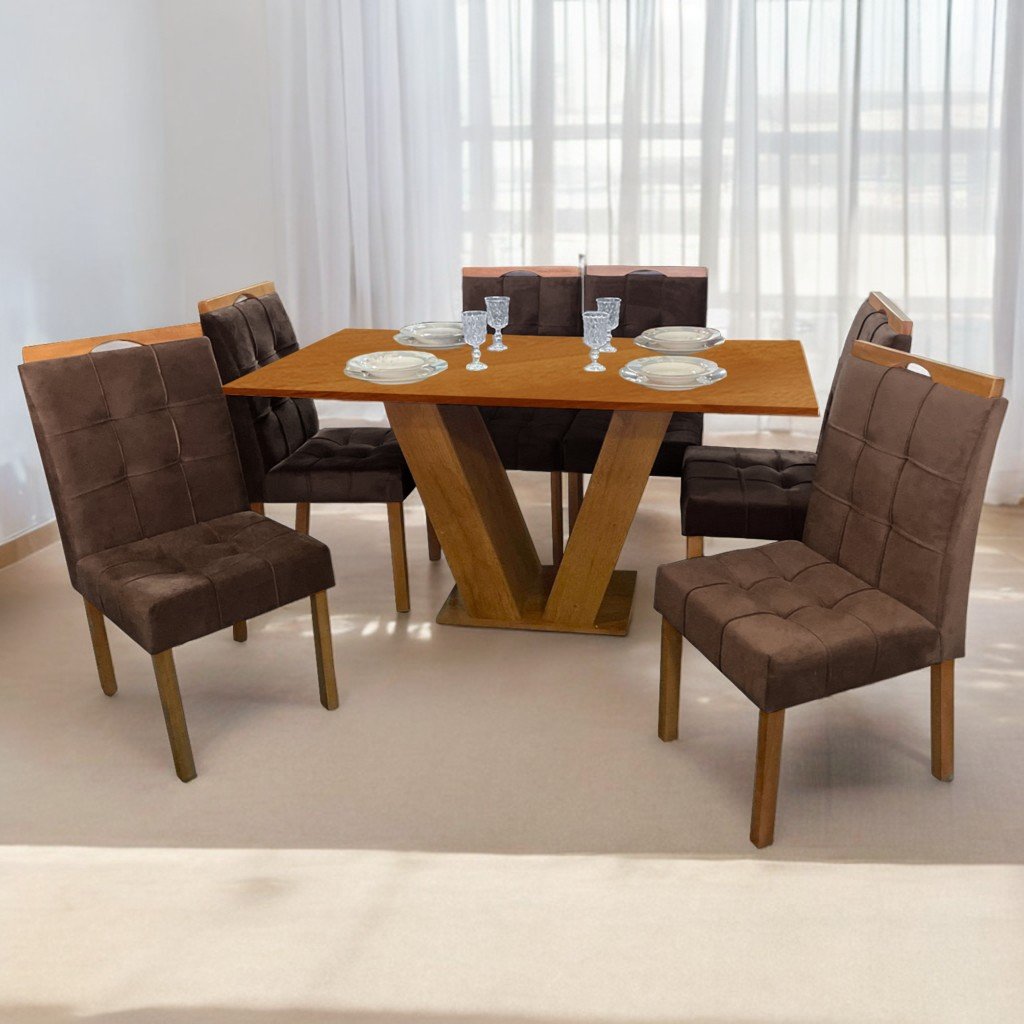 Mesa Classic 160 Cinamomo Laminado com 6 Cadeiras Sophia Mel/Veludo Marrom – CEL MÓVEIS + WM DECOR