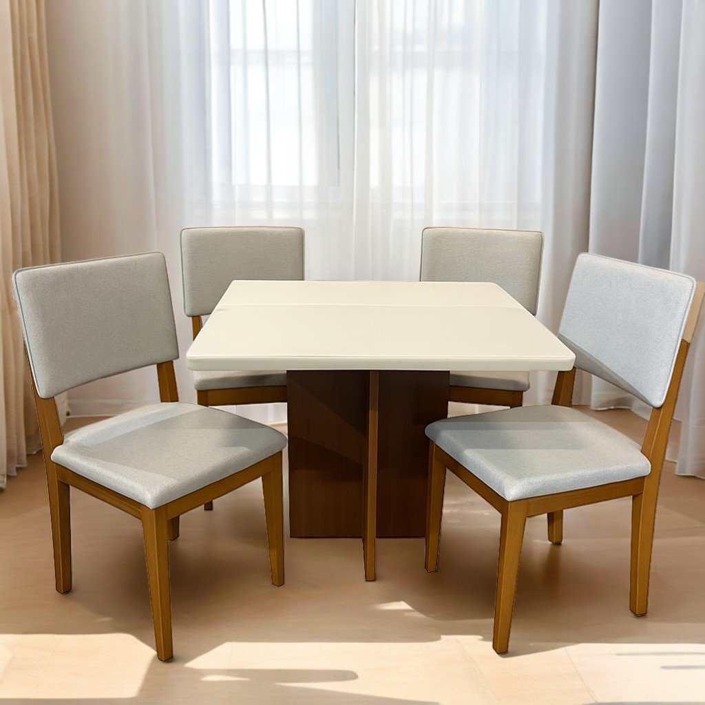 Mesa Salinas/Helô/Los Angeles 90 Cinamomo/Off White com 4 Cadeiras Pérola Linho Cinza Prata – CEL MÓVEIS + DOBUÊ MOVELARIA