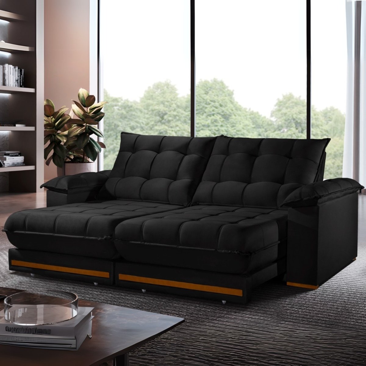 Sofá Retrátil e Reclinável Barcelona 2,50 m Veludo Preto 322 - ESTOFADOS TEIXEIRA - Imagem 2