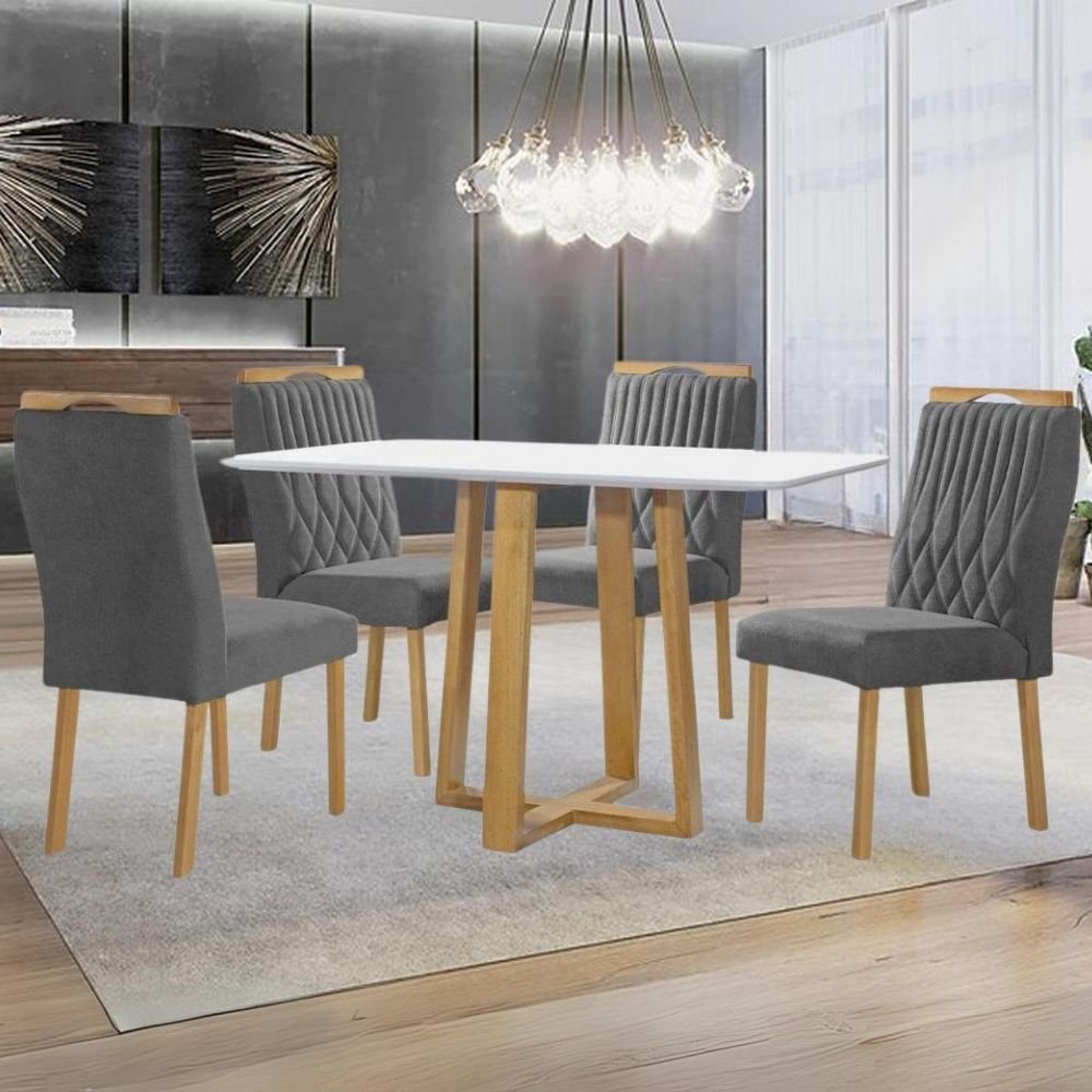 Mesa Pedro 120 Mel/Off White com 4 Cadeiras Gênova Veludo Grafite – ART ASSENTOS - Imagem 2