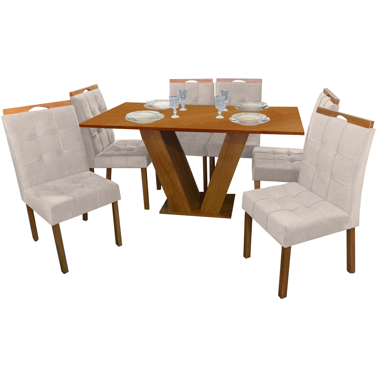 Mesa Classic 160 Cinamomo Laminado com 6 Cadeiras Sophia Mel/Veludo Bege – CEL MÓVEIS + WM DECOR - Imagem 2