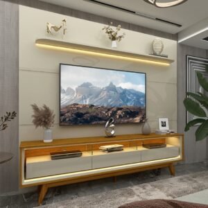 Painel até 85″ Royal 220 Off White + Rack Requinte 212 Naturale/Off White - GELIUS