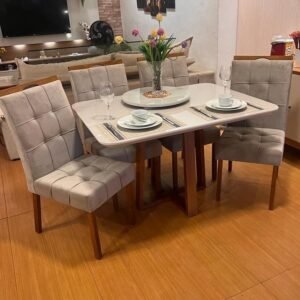 Mesa Pedro 90 Mel/Off White com Cadeiras Sophia/Capri Mel/Veludo Bege – ART ASSENTOS + WM DECOR