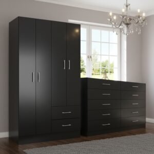 Guarda-Roupa 4 Portas Panamá 4002 + Cômoda 10 Gavetas Caribe Preto – FELLICCI