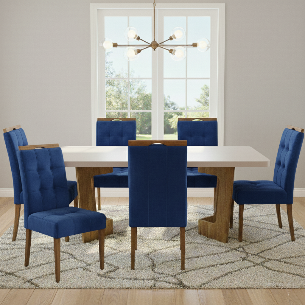 Mesa Liz 160 (Tampo 40 mm) Cinamomo/Off White com 6 Cadeiras Sophia Veludo Azul – VALDEMÓVEIS + WM DECOR