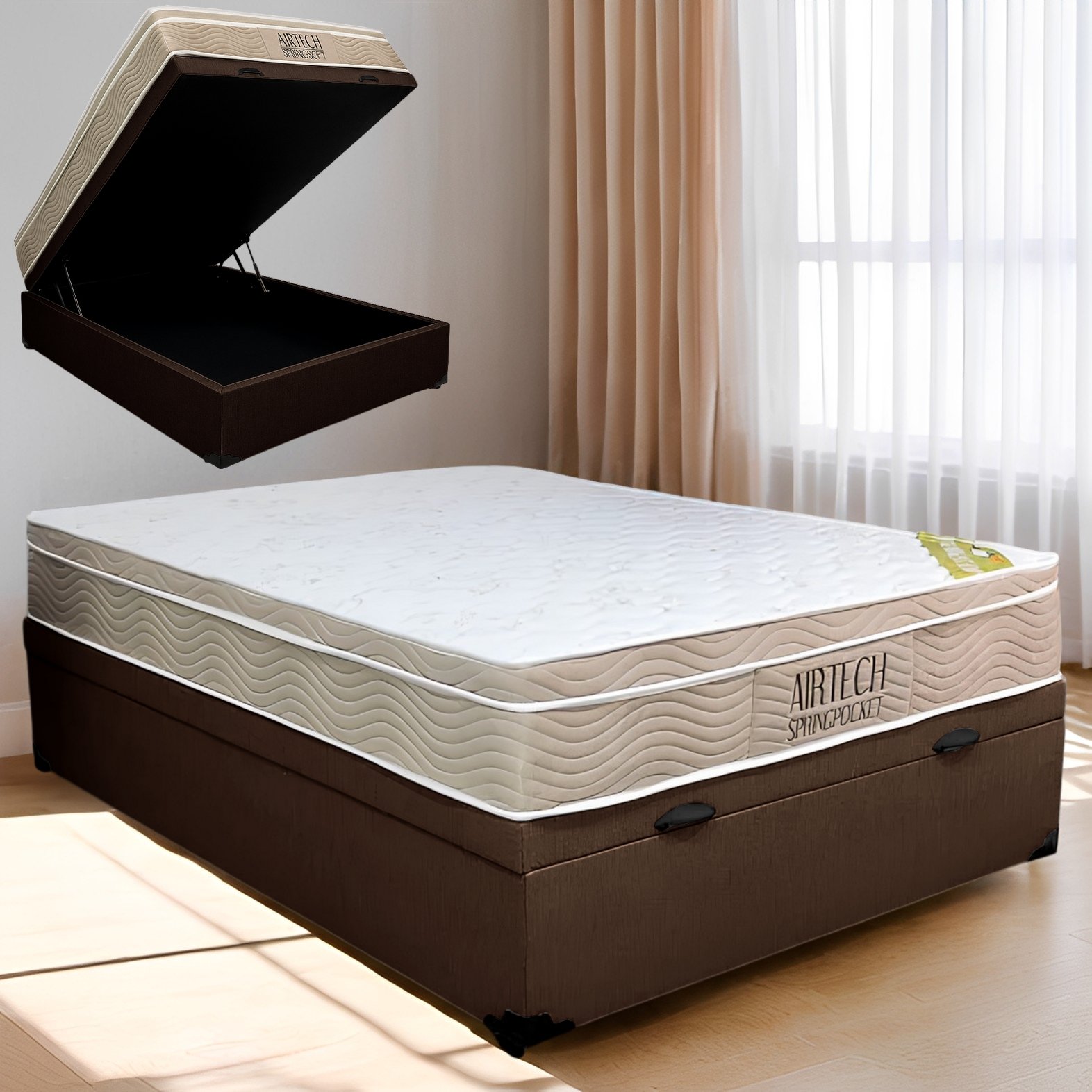 Colchão Casal Airtech Springpocket + Base Box Baú Corino Marrom – ORTOBOM + ALTO NÍVEL CAMAS E COLCHÕES