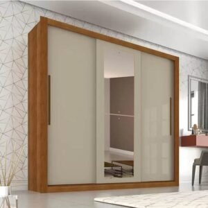 Roupeiro Casal New Panamá Cinamomo/Off 3 Portas 4 Gavetas C/ 1 Espelho Larg. 1.85m - Sallêto