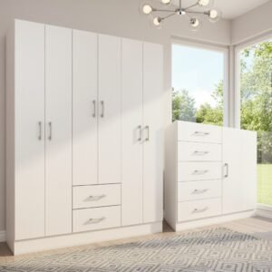 Guarda-Roupa 6 Portas Jamaica 6002 + Cômoda 5 Gavetas Sapateira Miami Branco - FELLICCI