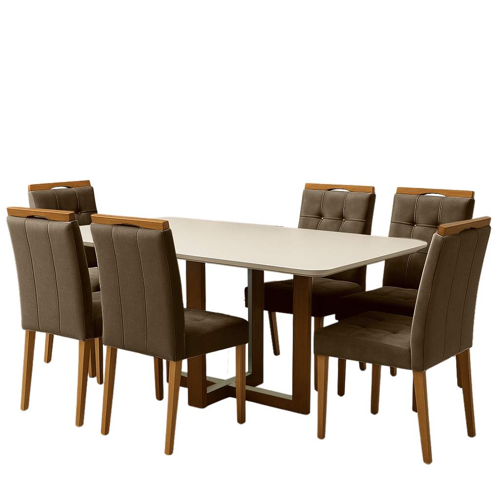 Mesa Atlas Mel/Off White Canto Copo 160×80 com 6 Cadeiras Sophia Veludo Marrom – ART ASSENTOS + WM DECOR - Imagem 3