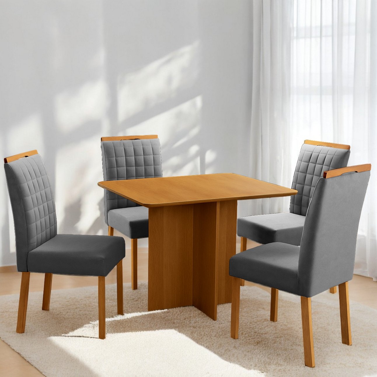 Mesa Pérola 90 Imbuia Mel (Tampo Viena s/vidro) + 4 Cadeiras Pandora 01 Veludo Cinza Grafite 414 – CARVALHO DECOR