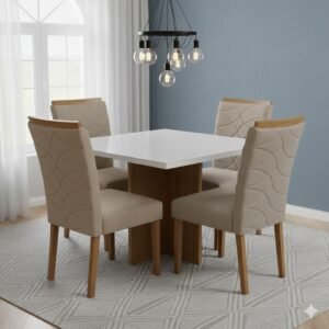 Mesa Salinas/Helô/Los Angeles 90 Cinamomo/Off White com 4 Cadeiras Safira Veludo Bege – CEL MÓVEIS + WM DECOR