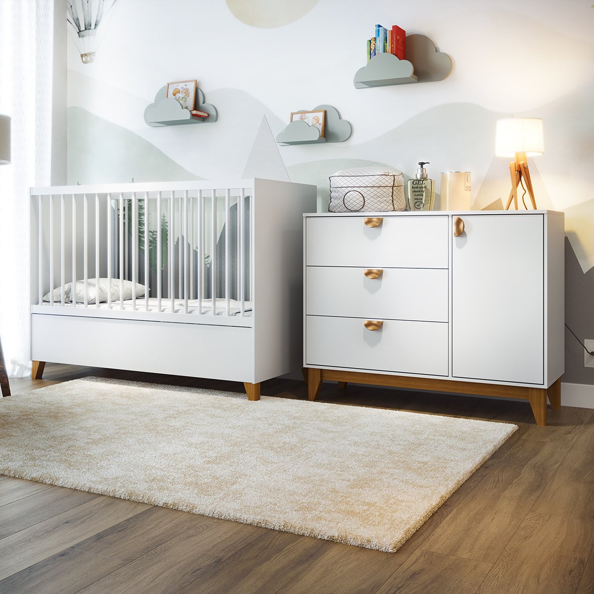 Cômoda 3 Gavetas com Porta + Berço Americano Magia Branco - BATROL MÓVEIS