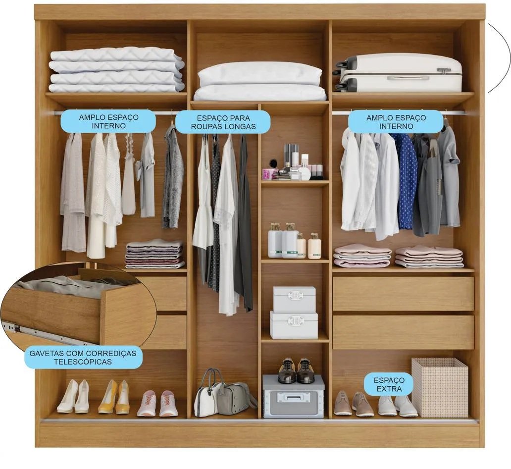 Guarda-Roupa 3 Portas Toronto 2,40 m Nature/Off White - BIANCHI - Imagem 5