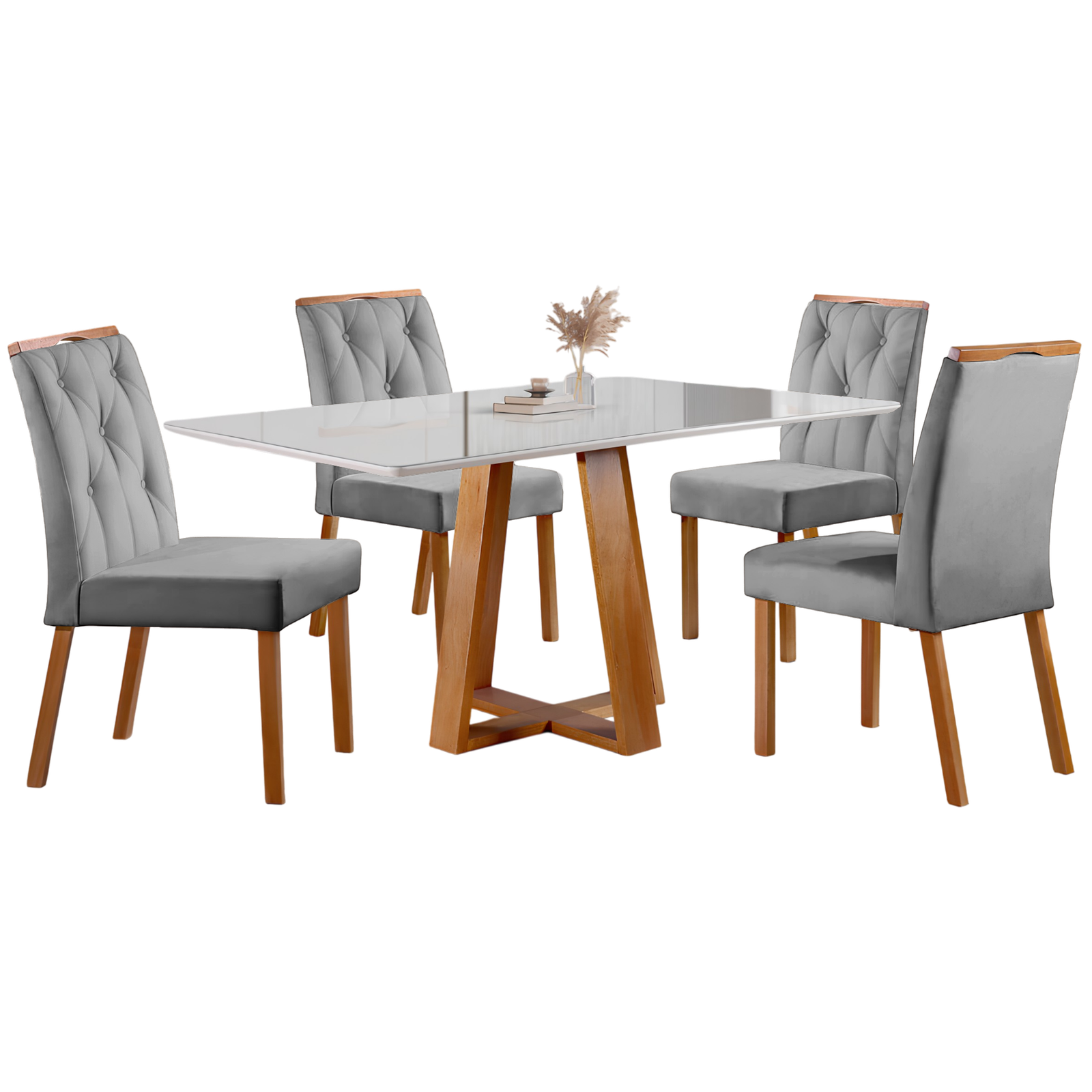 Mesa Ayres 120 Mel/Off White com 4 Cadeiras Yasmim Veludo Cinza Grafite – VIEIRA DECOR - Imagem 3