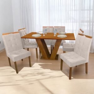 Mesa Classic 160 Cinamomo Laminado com 6 Cadeiras Sophia Mel/Linho Bege – CEL MÓVEIS + WM DECOR