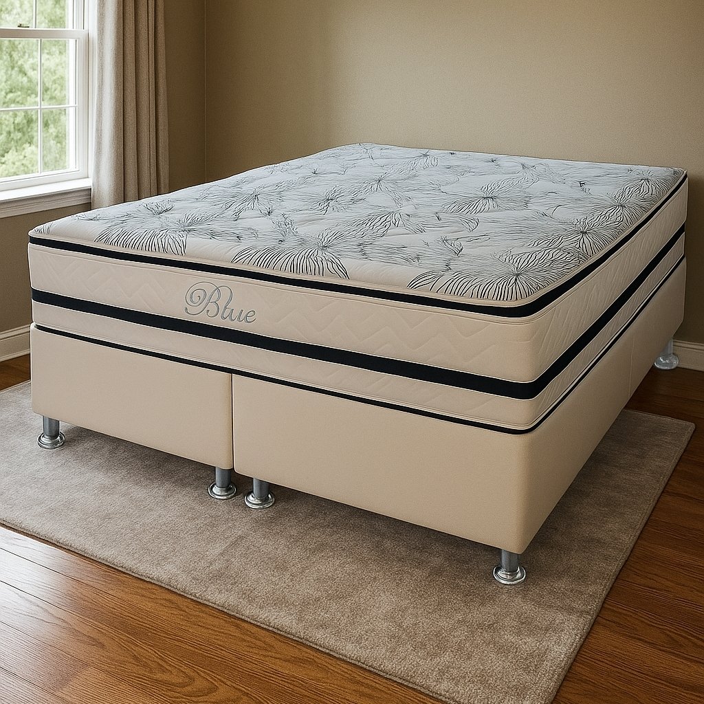 Colchão Queen Blue D33 + Base Box Simples Corino Branco – PAROPAS + ALTO NÍVEL CAMAS E COLCHÕES